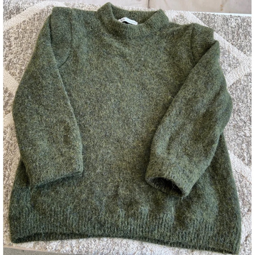 ZARA KNIT Sweater, Olive Nylon Long Sleeve Soft Cozy Boho, S